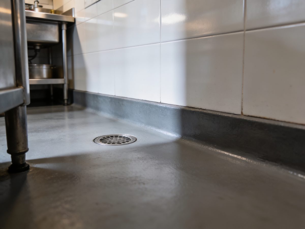 A commercial kitchen floor in seamless urethane cement with a coved base and a floor drain