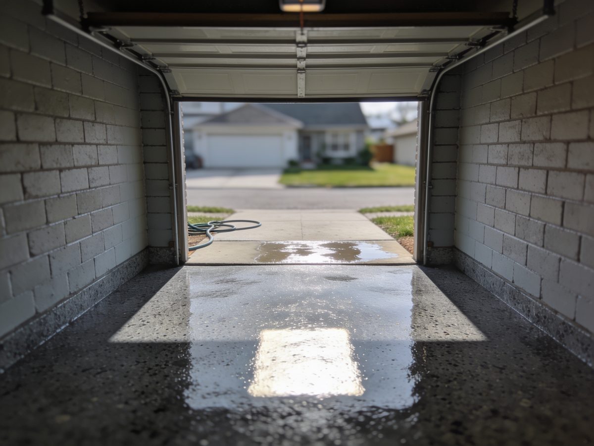 A single-bay attached garage with a slate full-flake floor coating reflecting the open overhead door and a damp apron at the door line