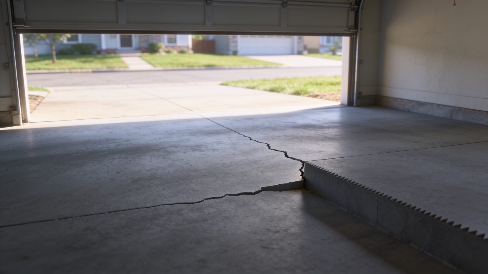 A bare garage slab with a saw-cut control joint and a distinct vertical step where one side has settled lower, a hairline crack branching away from the joint