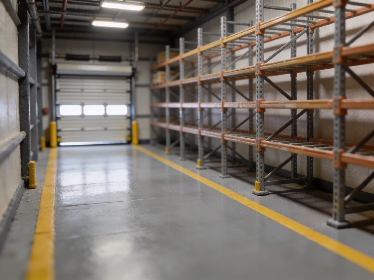 A warehouse bay with a high-build epoxy floor, steel racking and yellow safety lane striping