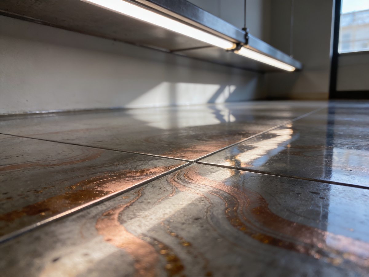 A metallic epoxy floor in copper and bronze pigments under a high-gloss topcoat