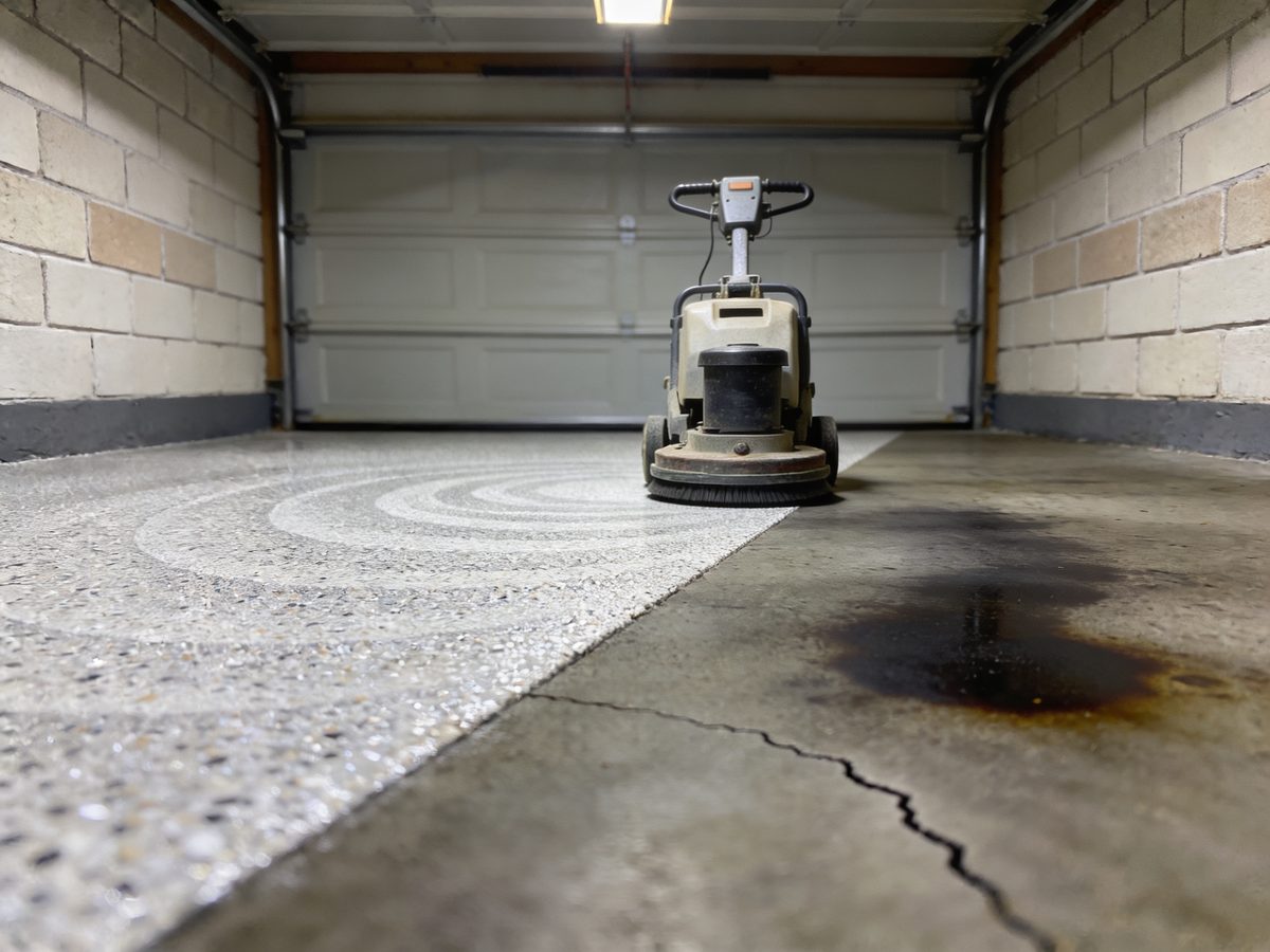 A slab part way through diamond grinding, freshly ground concrete meeting old stained concrete with a hairline crack